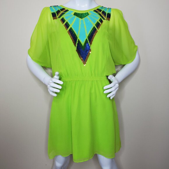 Bebe Neon Green Sequin Cold Shoulder Dress SZ XS/TP - Picture 6 of 9